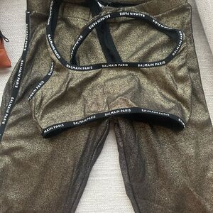 Balmain Laminated Ribbed Black Gold Sports Bra Legging SET